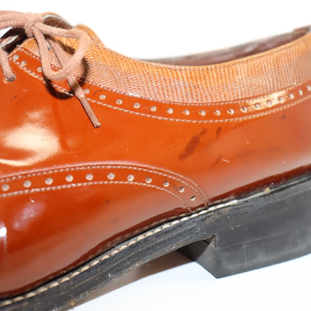 Stacy Baldwin Wingtip‎ Oxford Mens 11 Brown Patent Lizard Embossed Dress Shoes
